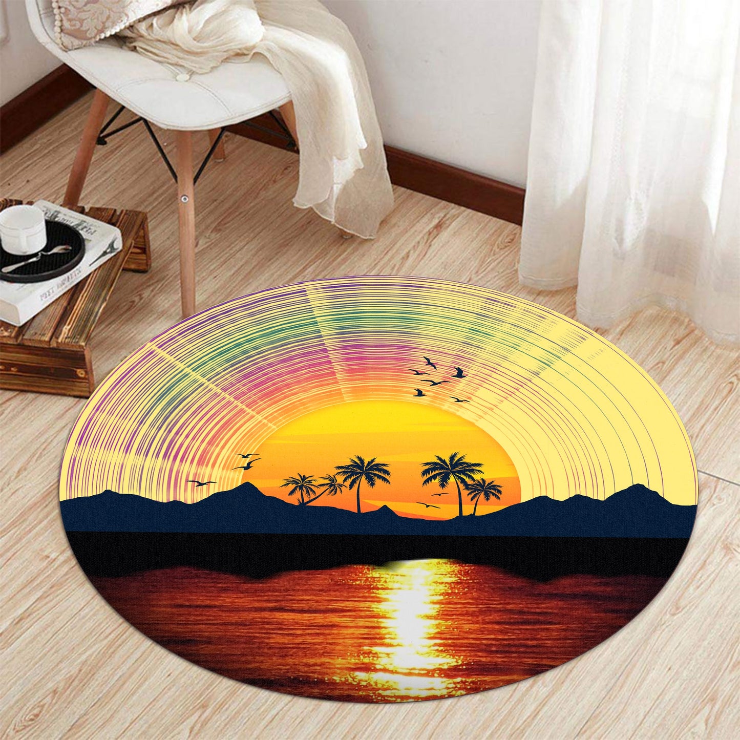 Vinyl Record Sunset Round Rug
