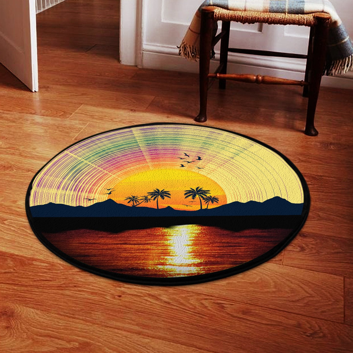 Vinyl Record Sunset Round Rug