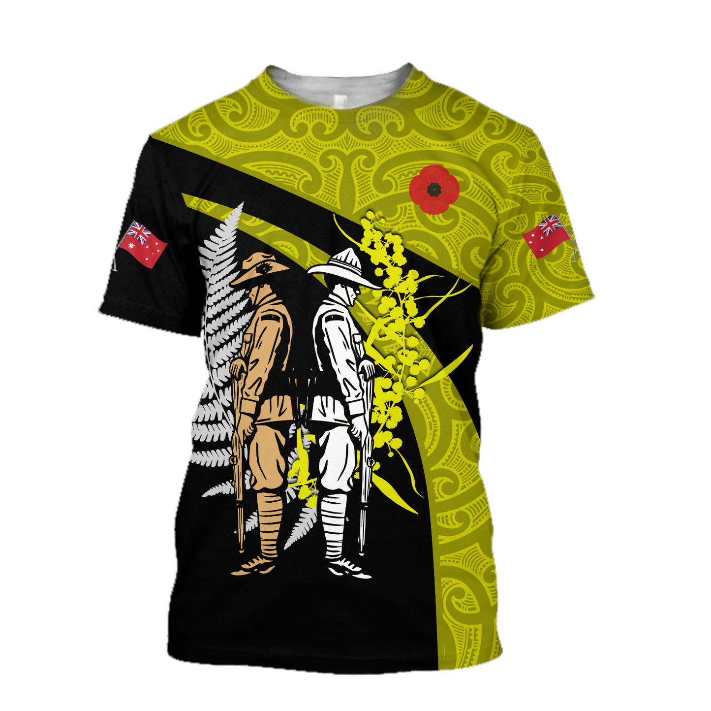 Tmarc Tee Anzac day the ode fern-wattle Australia and Kiwi yellow 3D print shirt