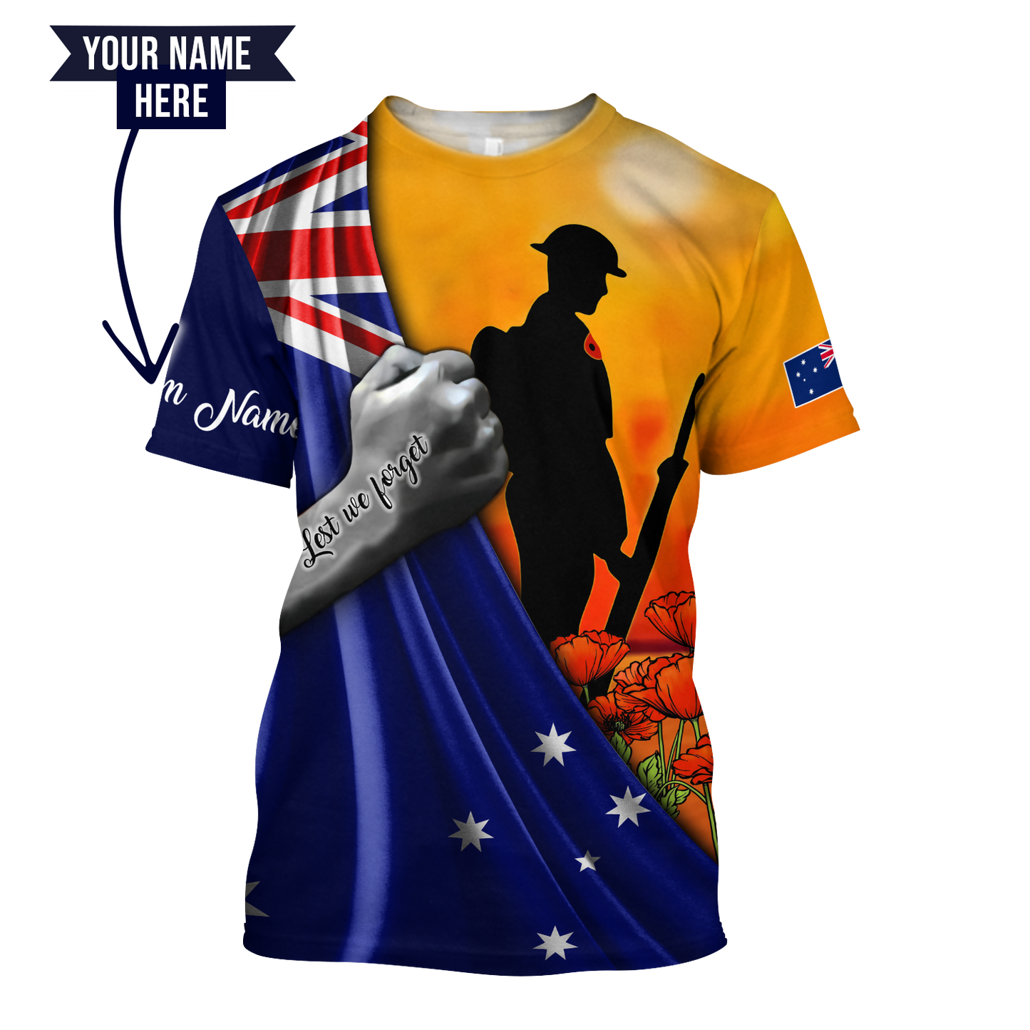 Tmarc Tee Lest we forget Custom name Australia Flag Old Soldier 3D printed shirt