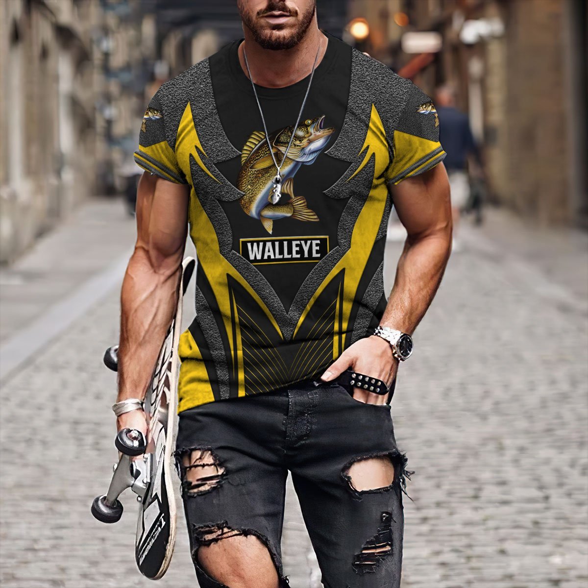 Walleye fishing Yellow Metal 3D design print shirts