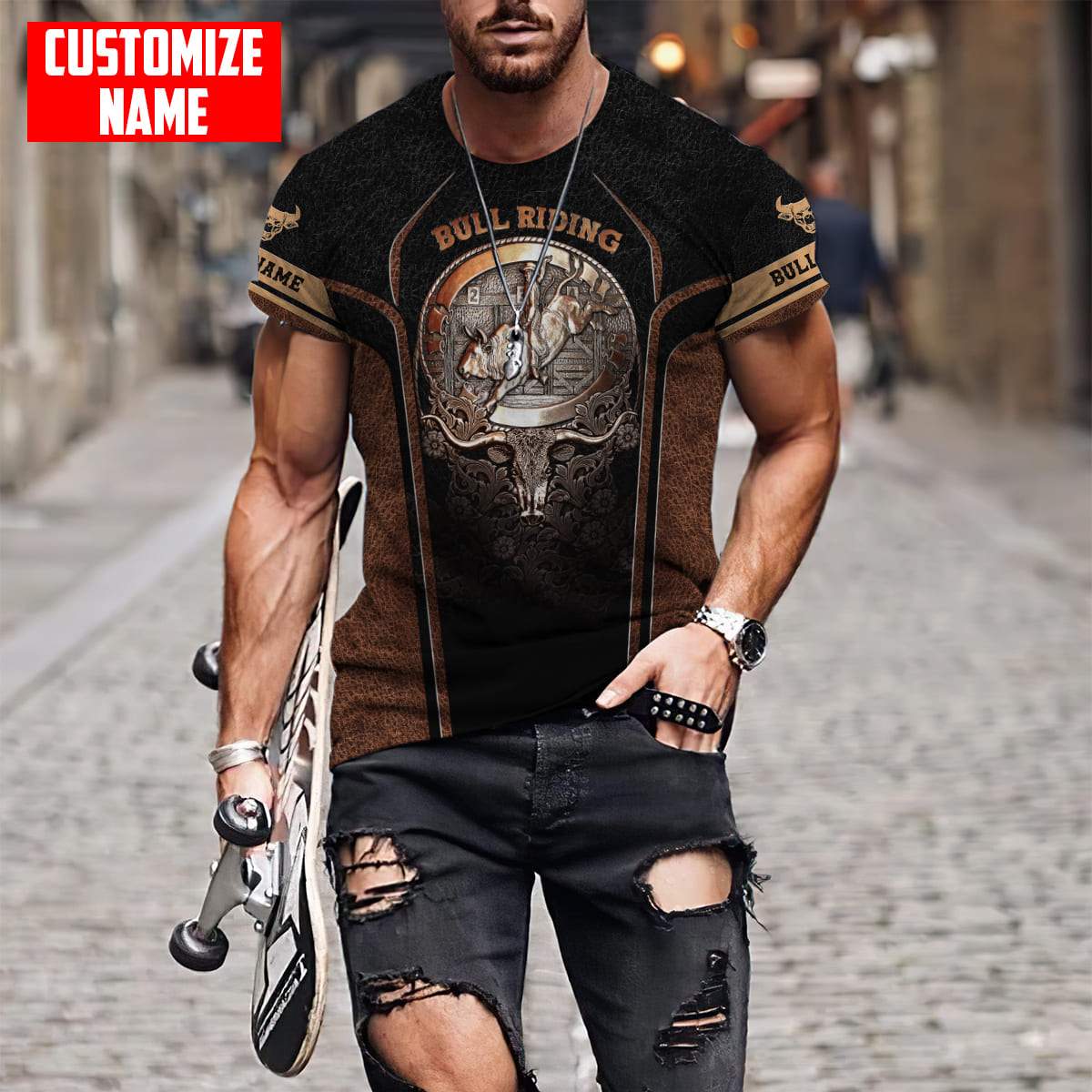 Tmarc Tee Personalized Name Bull Riding Metal Logo 3D All Over Printed Unisex Shirts