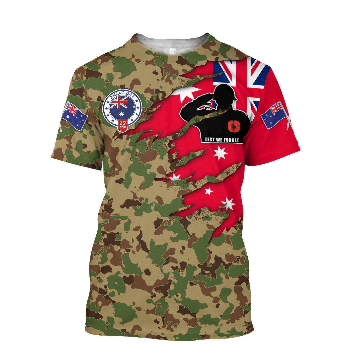 Tmarc Tee Anzac day remembrance Kiwi and Australia Camo 3D print shirt