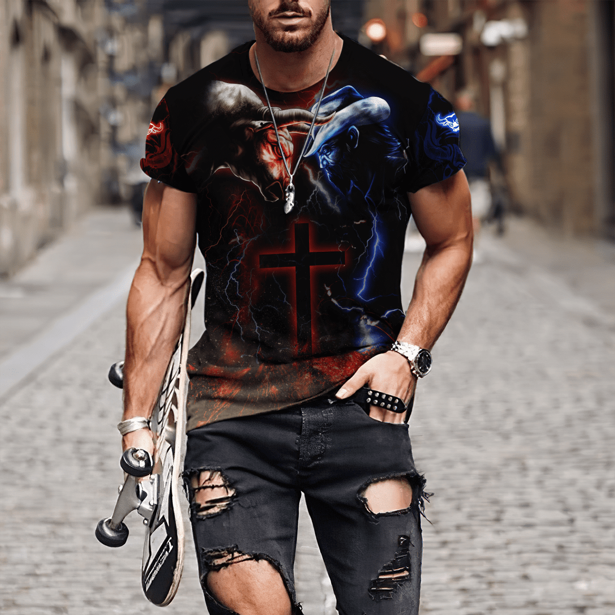 Tmarc Tee Bull Riding Red Blue Fight Cross 3D All Over Printed Unisex Shirts