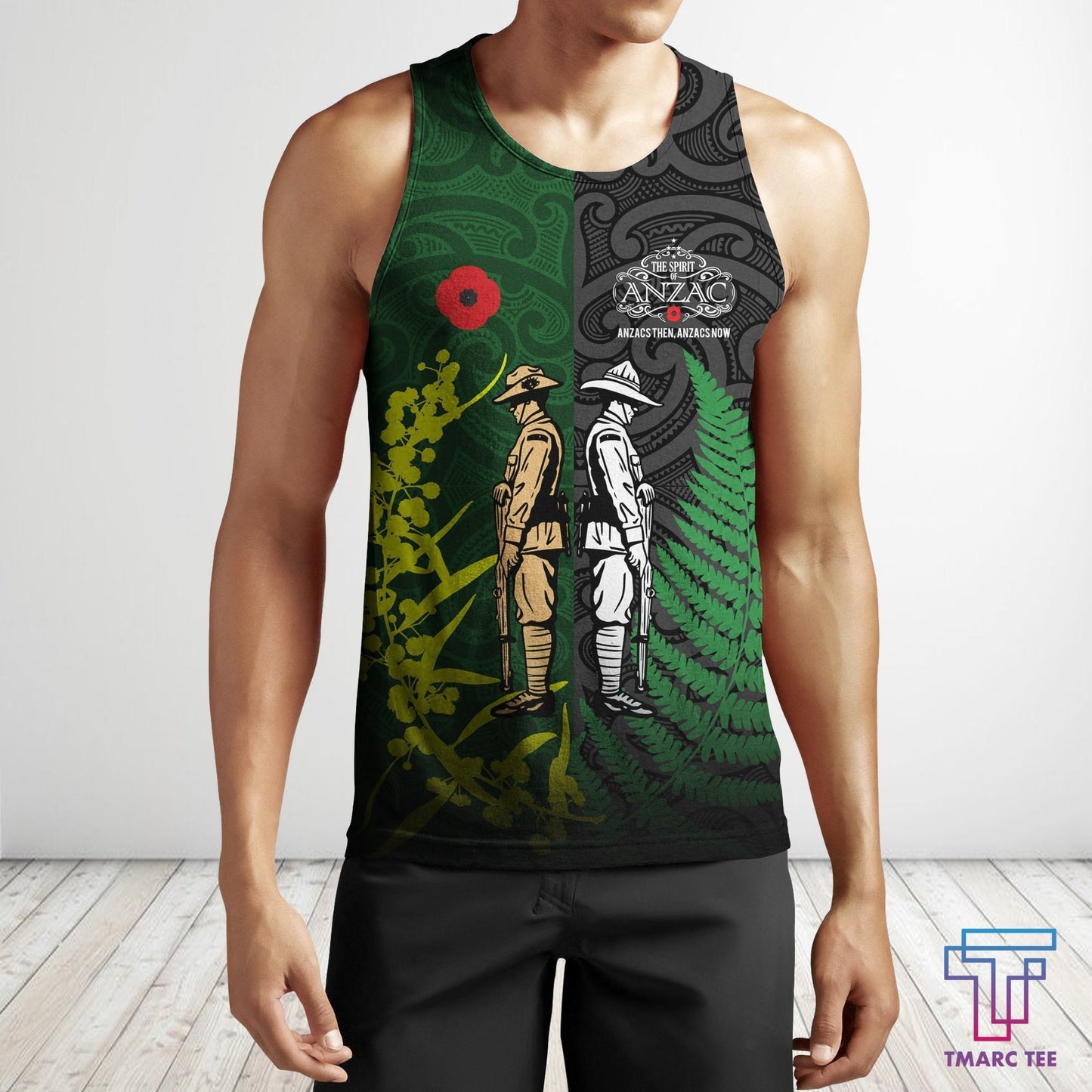 Tmarc Tee Anzac day fern-wattle lest we forget Kiwi and Australia Soldier