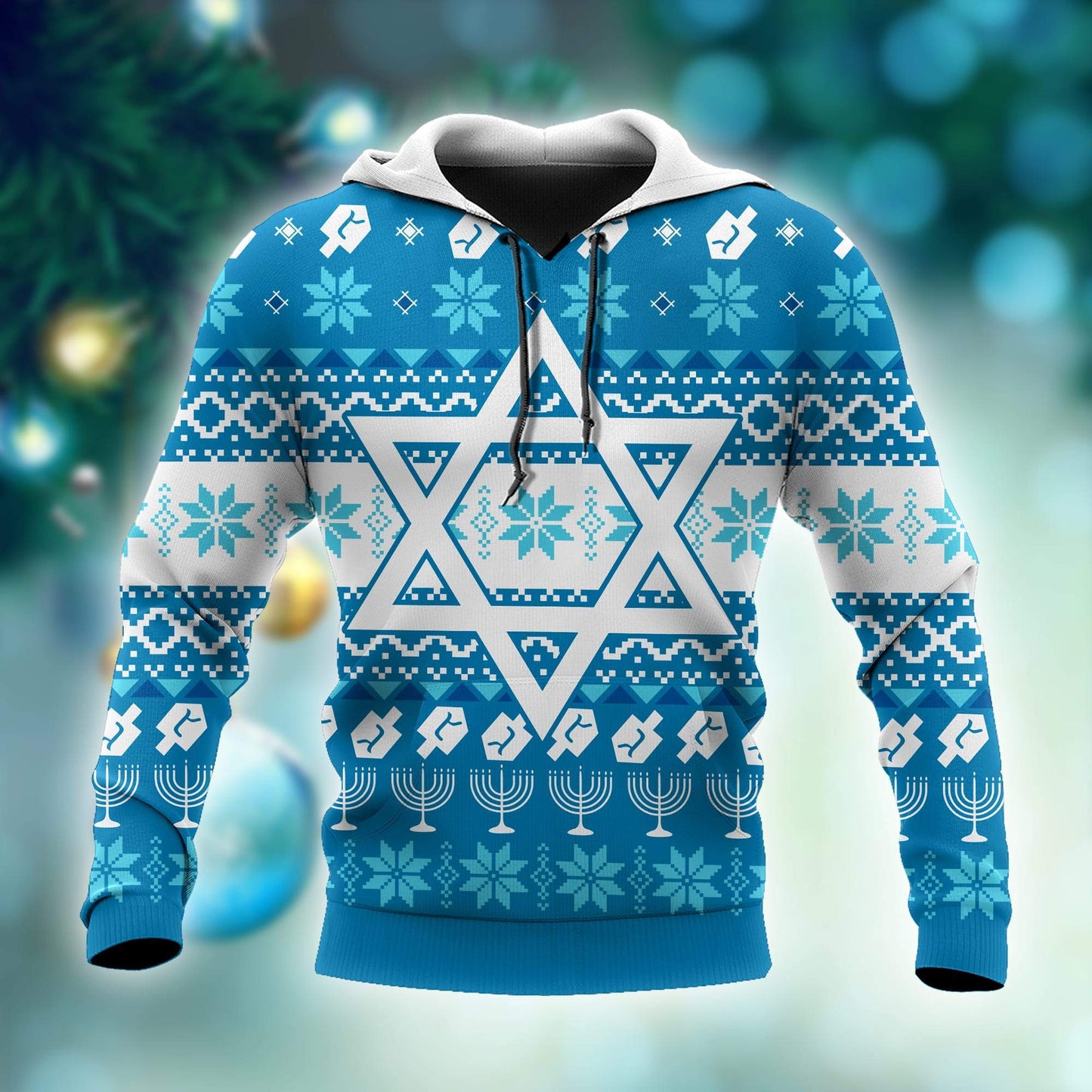 Blue Pattern Star Of David Hanukkah Hoodie MEI