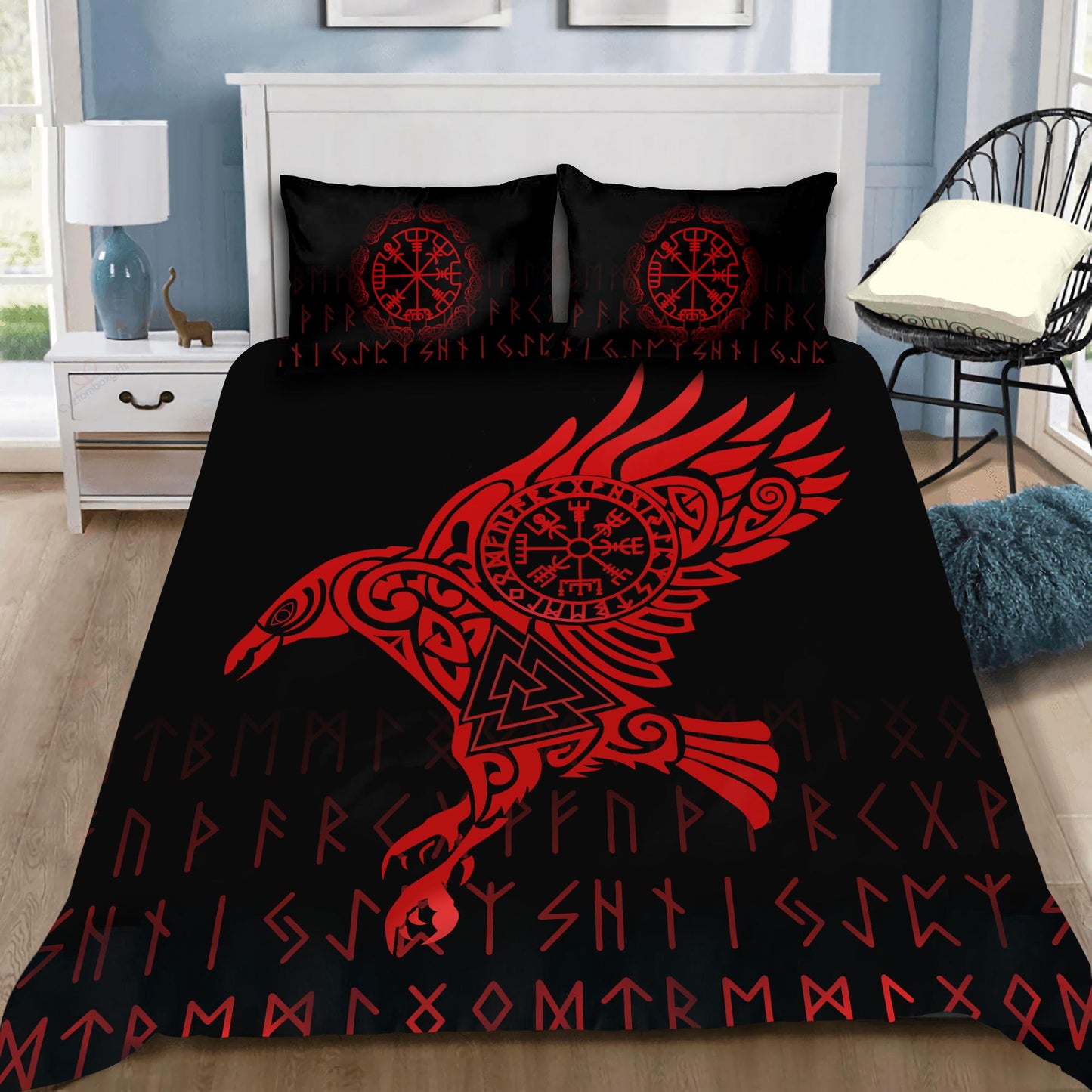 Viking Bedding Set - Raven Vegvisir Valknut Rune V1