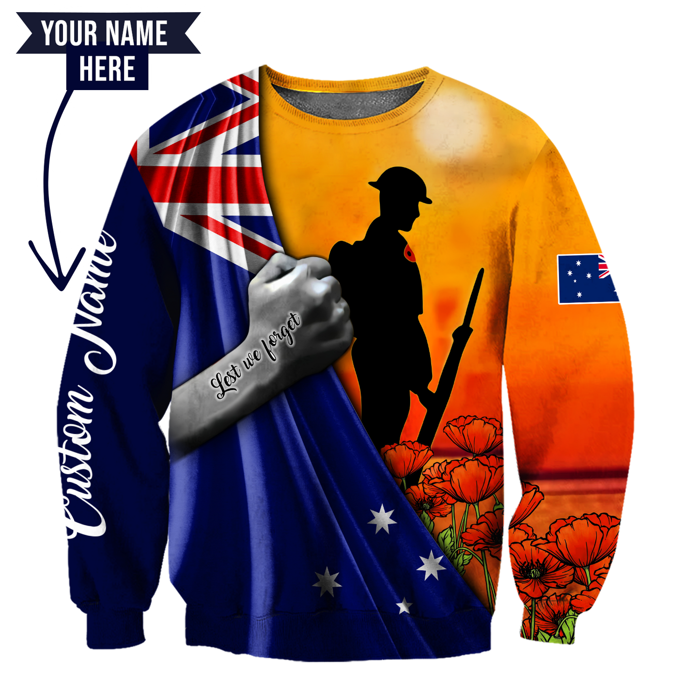 Tmarc Tee Lest we forget Custom name Australia Flag Old Soldier 3D printed shirt