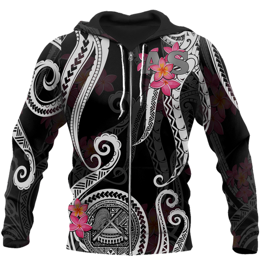 American Samoa Polynesian Hoodie - Black Plumeria 3d all over printed shirt and short for man and women JJ120204 PL - Amaze Style™-Apparel