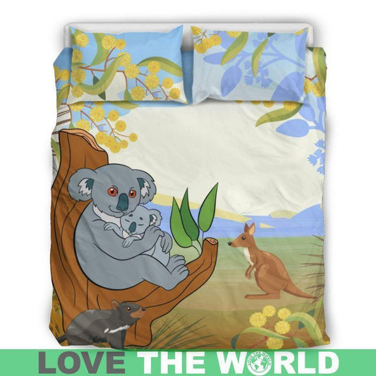 Australia Duvet Cover- Australia Koala Family With Kangaroo Bedding Set Black/ Beige NN8 - Amaze Style™-BEDDING SETS