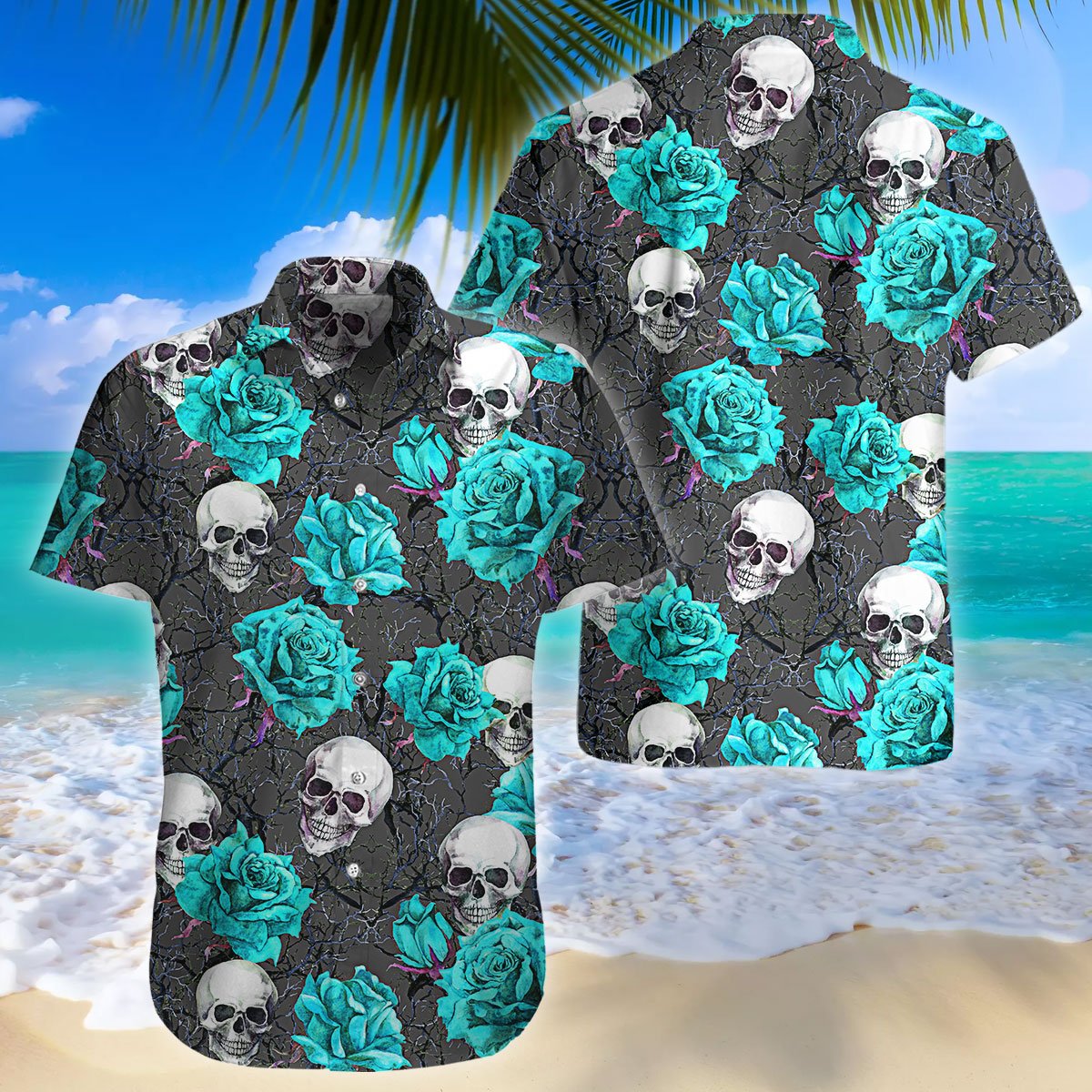 Turquoise Rose Skull Hawaii Shirt Combo With Short