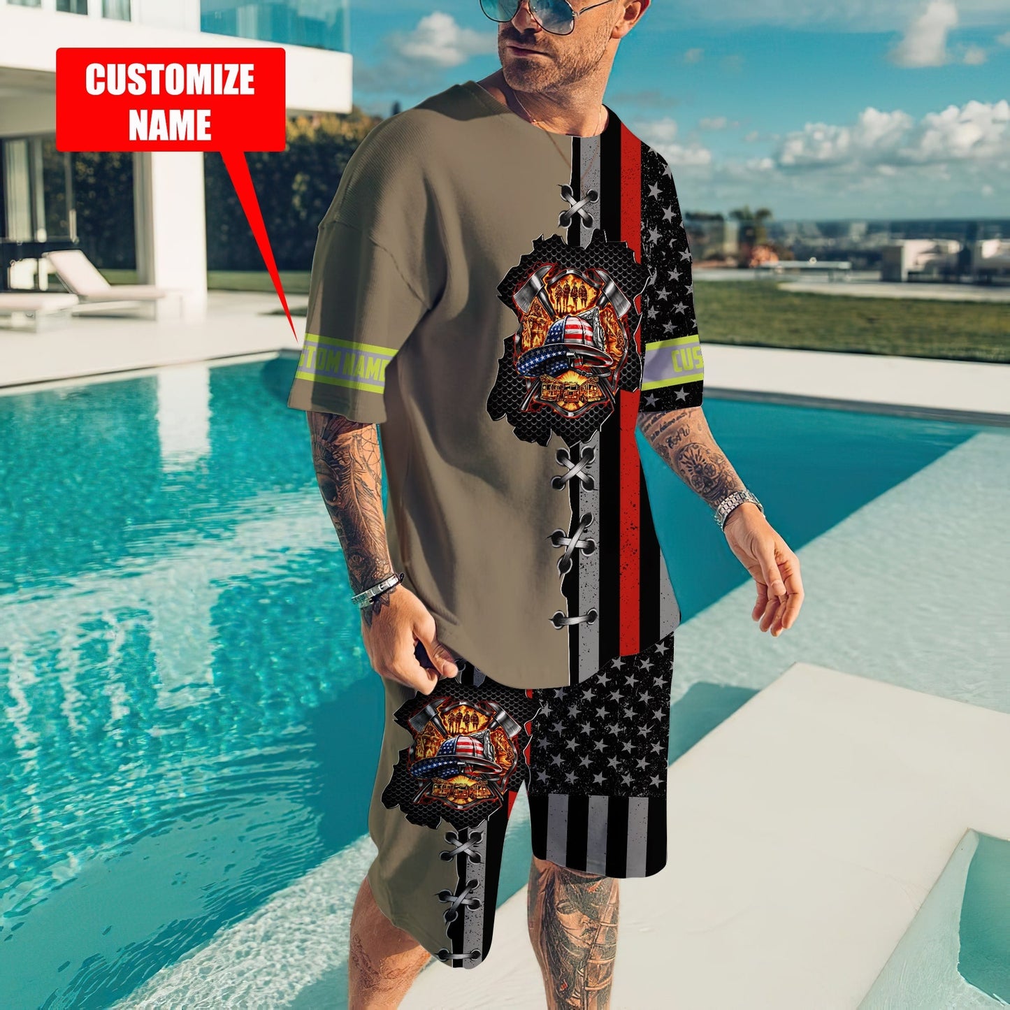 Customize Name Firefigher Combo T-Shirt And Board Short