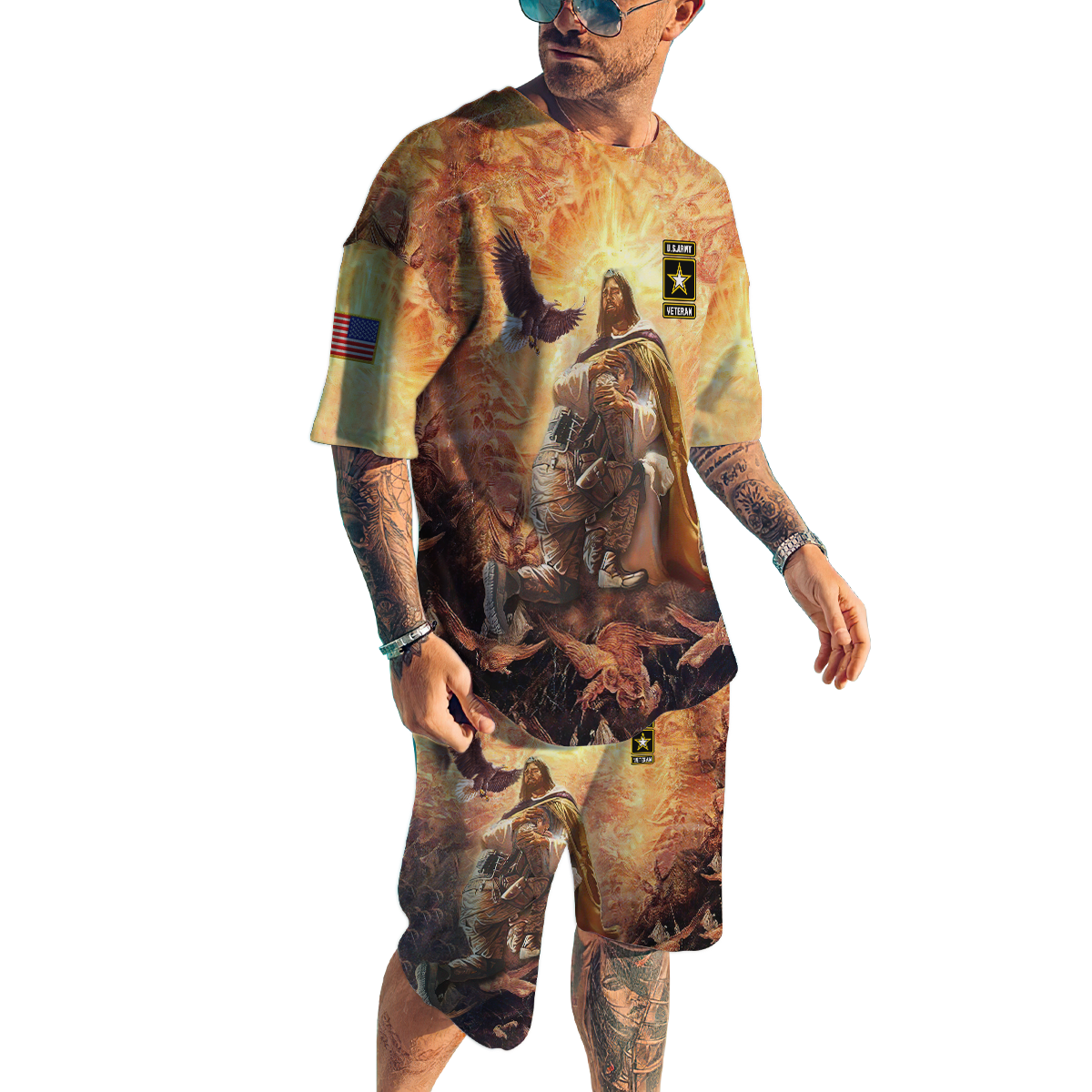 US Army Veteran Jesus 3D All Over Printed Combo T-Shirt BoardShorts