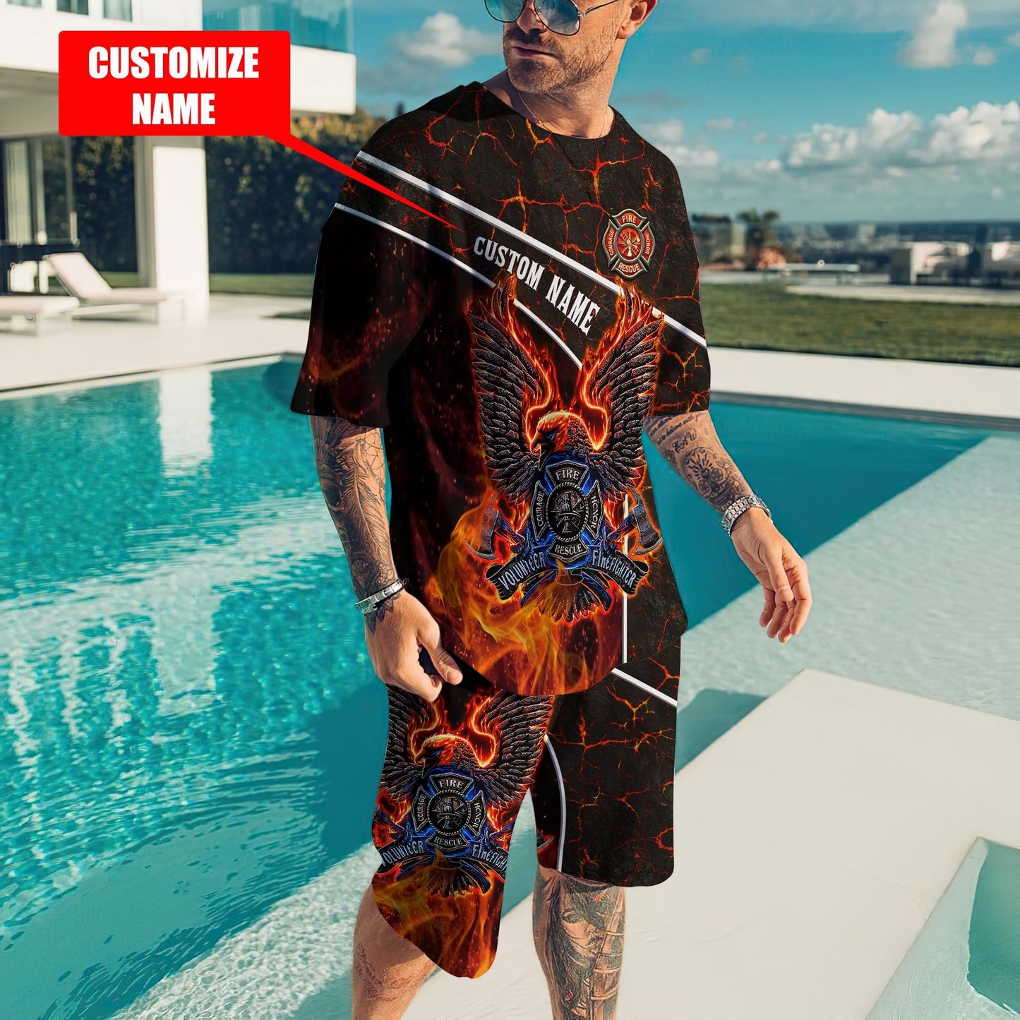 Customize Name Firefigher Combo T-Shirt And Board Short