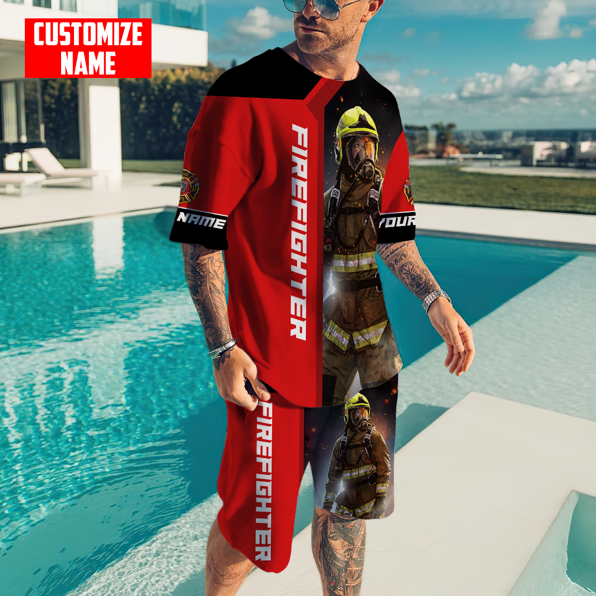 Customize Name Firefigher Combo T-Shirt And Board Short