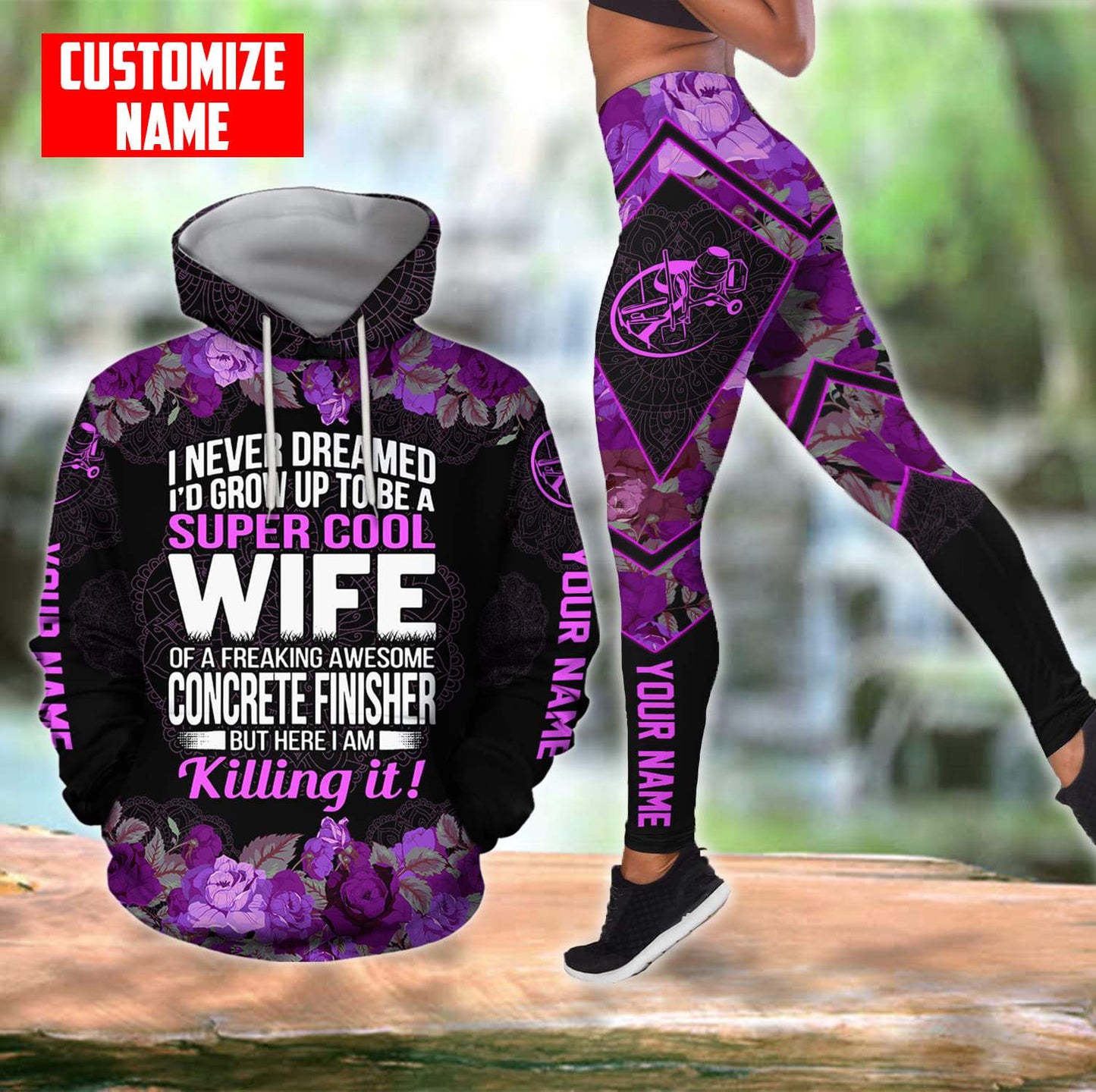 Supper cool wife of a concrete finisher Custom name pink Combo Legging and hoodie