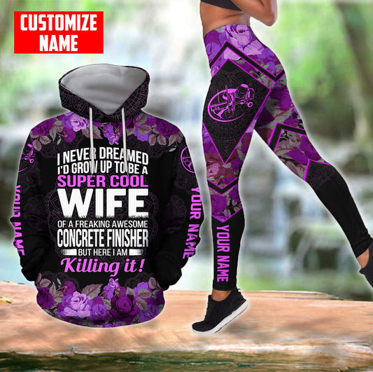 Supper cool wife of a concrete finisher Custom name pink Combo Legging and hoodie