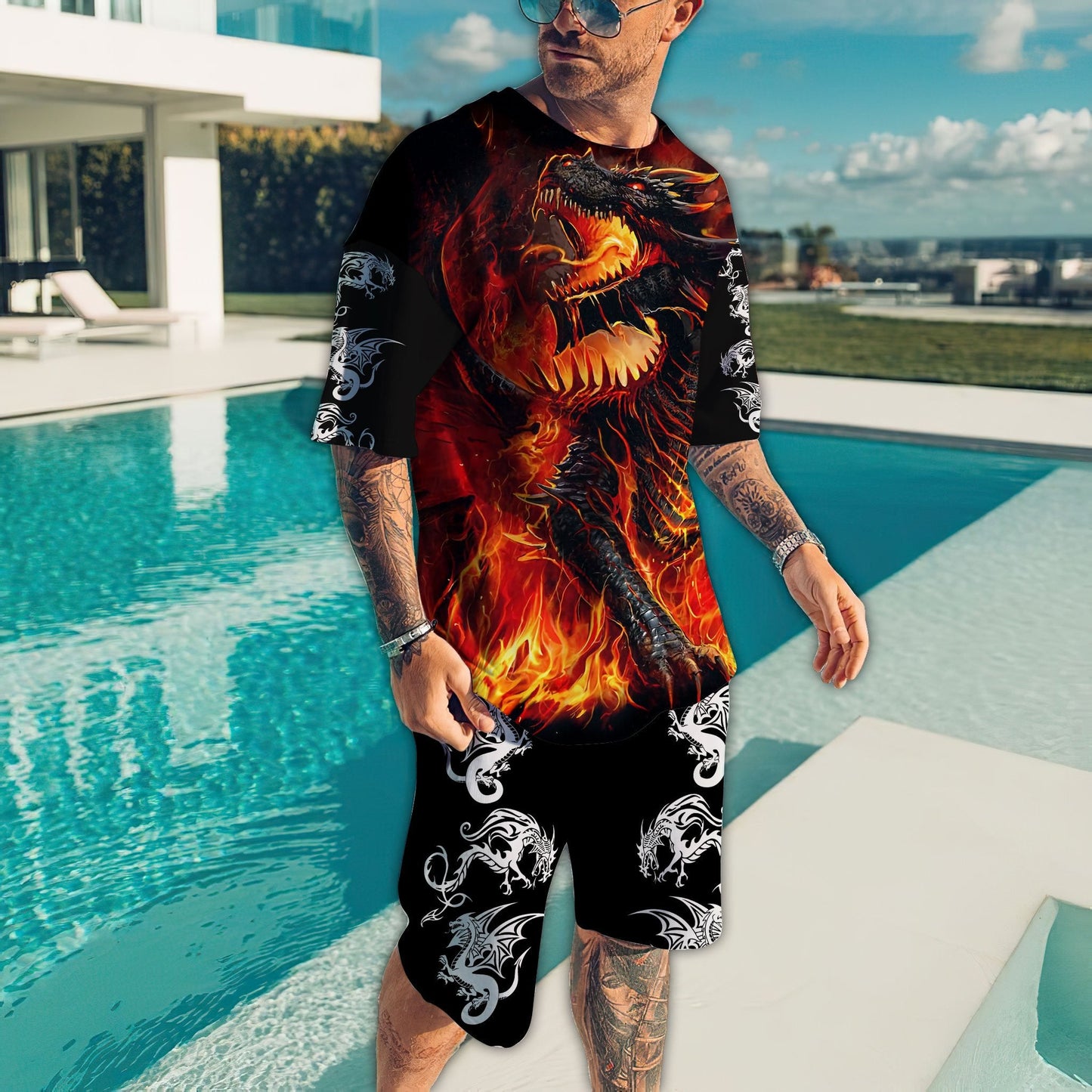 Tmarc Tee Dungeons and Dragons Tattoo 3D All Over Printed Combo T-Shirt + Boardshorts