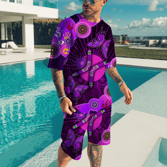 Aboriginal Naidoc Week 2021 Purple Butterflies Combo T-Shirt Short