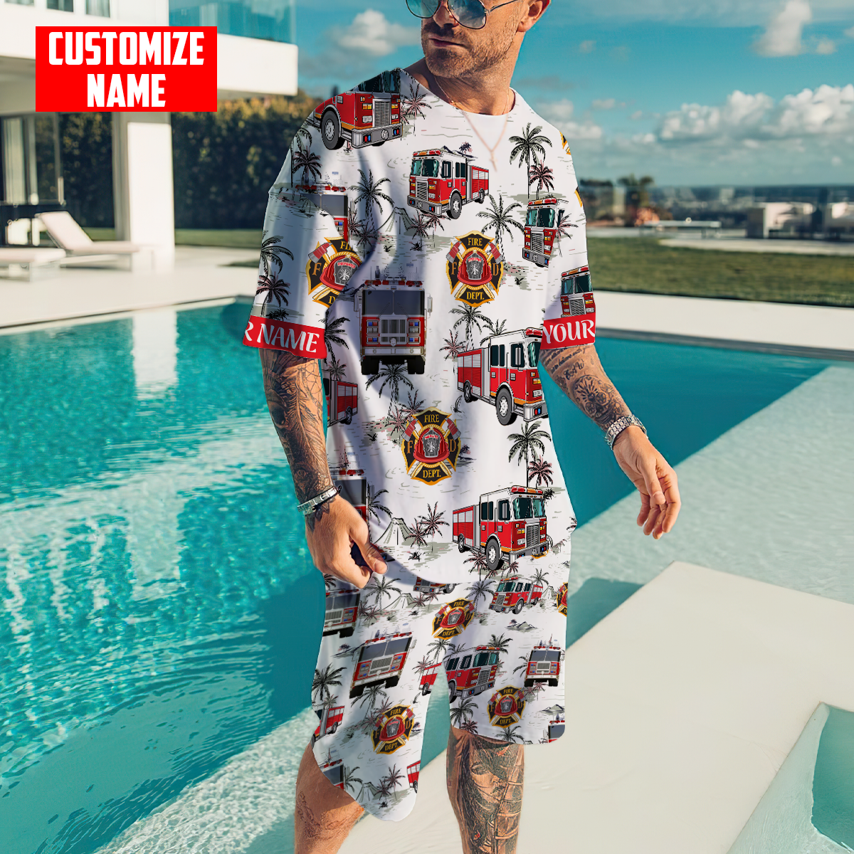 Customize Name Firefigher Combo T-Shirt And Board Short