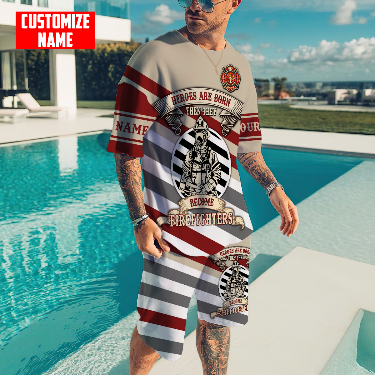 Customize Name Firefigher Combo T-Shirt And Board Short