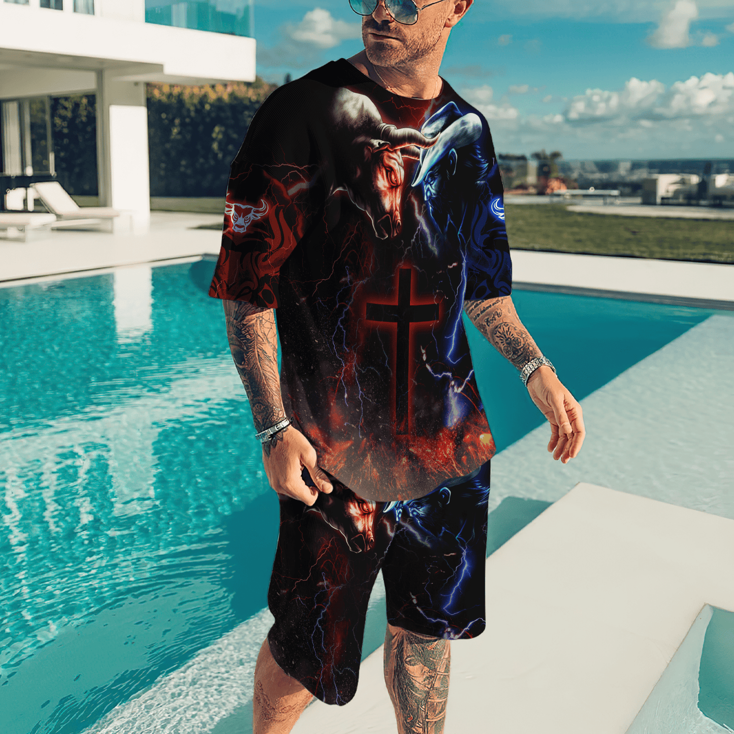 Tmarc Tee Bull Riding Red Blue Fight Cross 3D All Over Printed Unisex Shirts