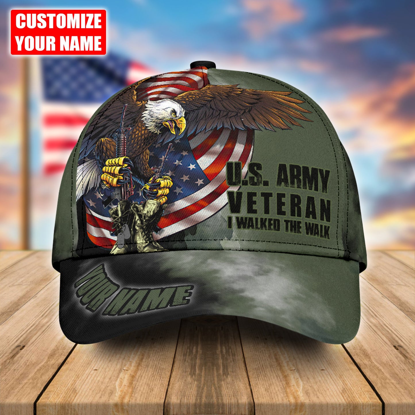US Army Veteran American Flag Eagle Personalized Name Classic Cap