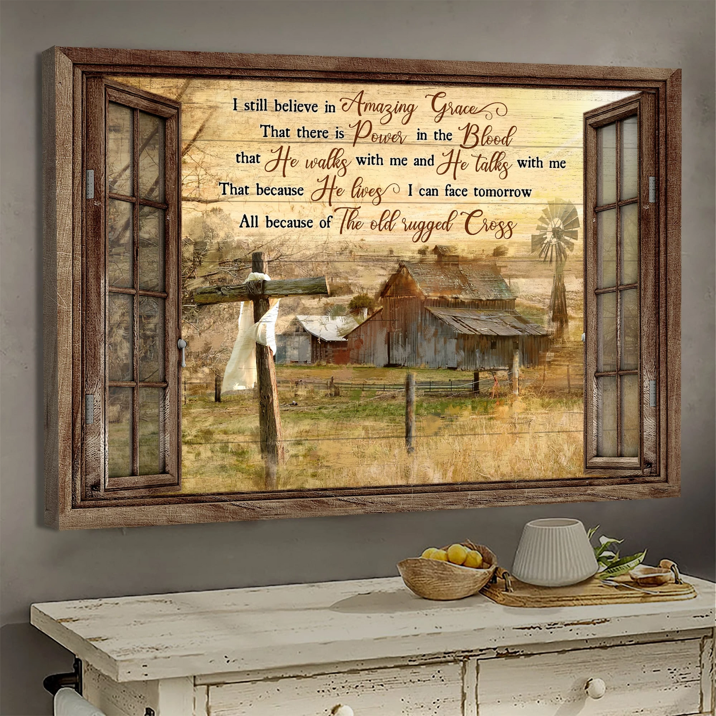 Awesome life on farm I still believe in amazing grace Window frame Jesus Landscape Canvas Print Wall Art