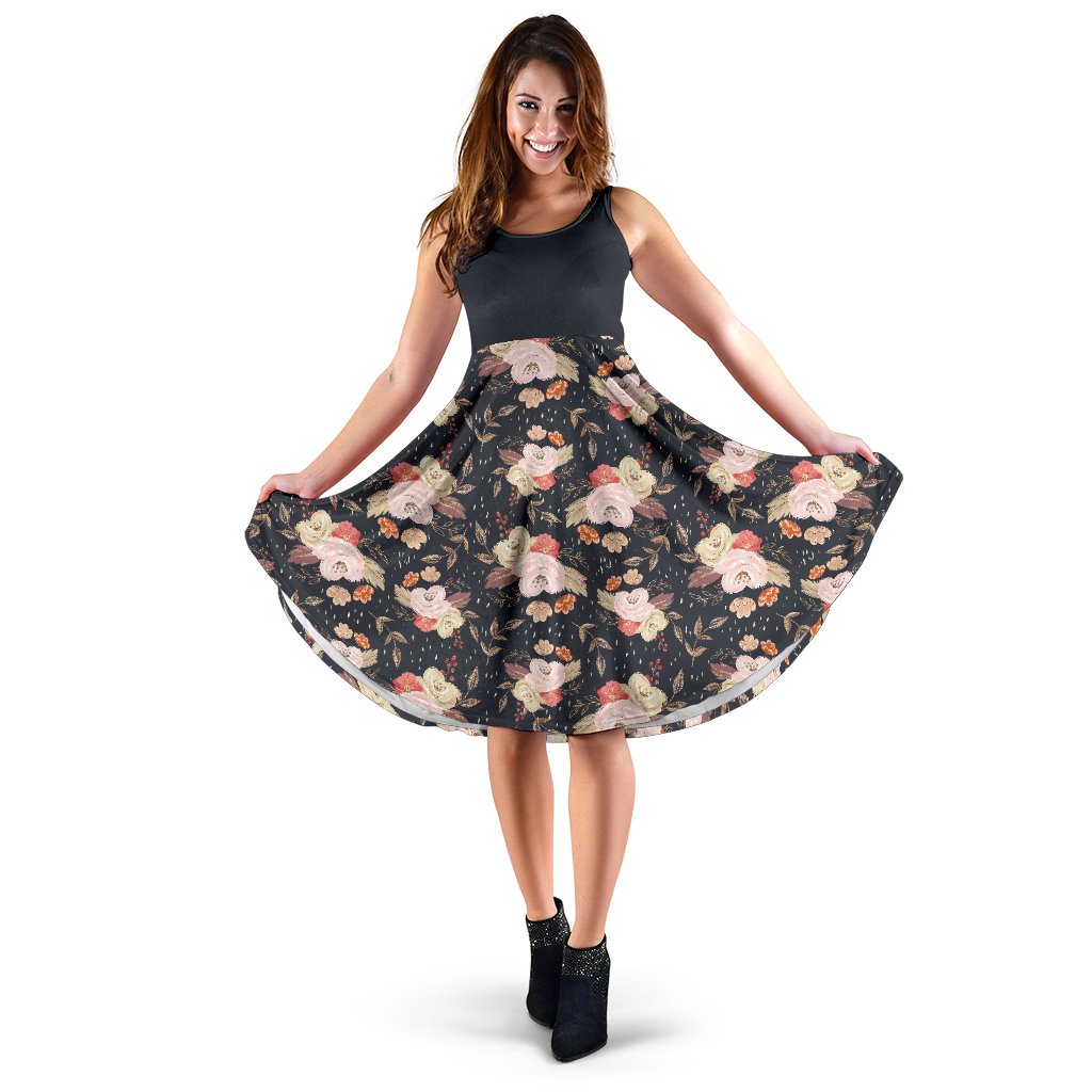Autumn Fall Floral 2Tone - Women's Midi Dress-Amaze Style™-Midi Dress - Autumn Fall Floral 2Tone - Women's Midi Dress-XS-Vibe Cosy™