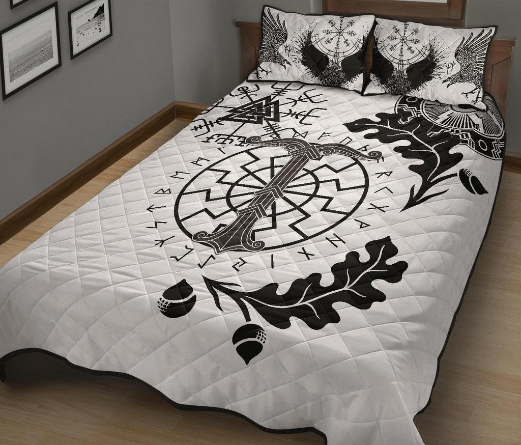 Viking Oak Leaf Quilt Bed Set Valknut Vegvisir With Irminsul - White