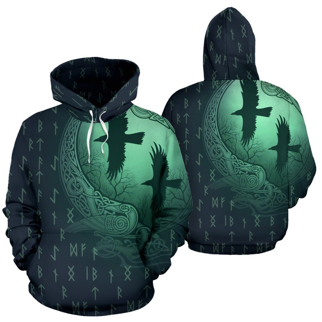Viking Hoodie Raven And Odin'S Eye Green - Amaze Style™-Apparel