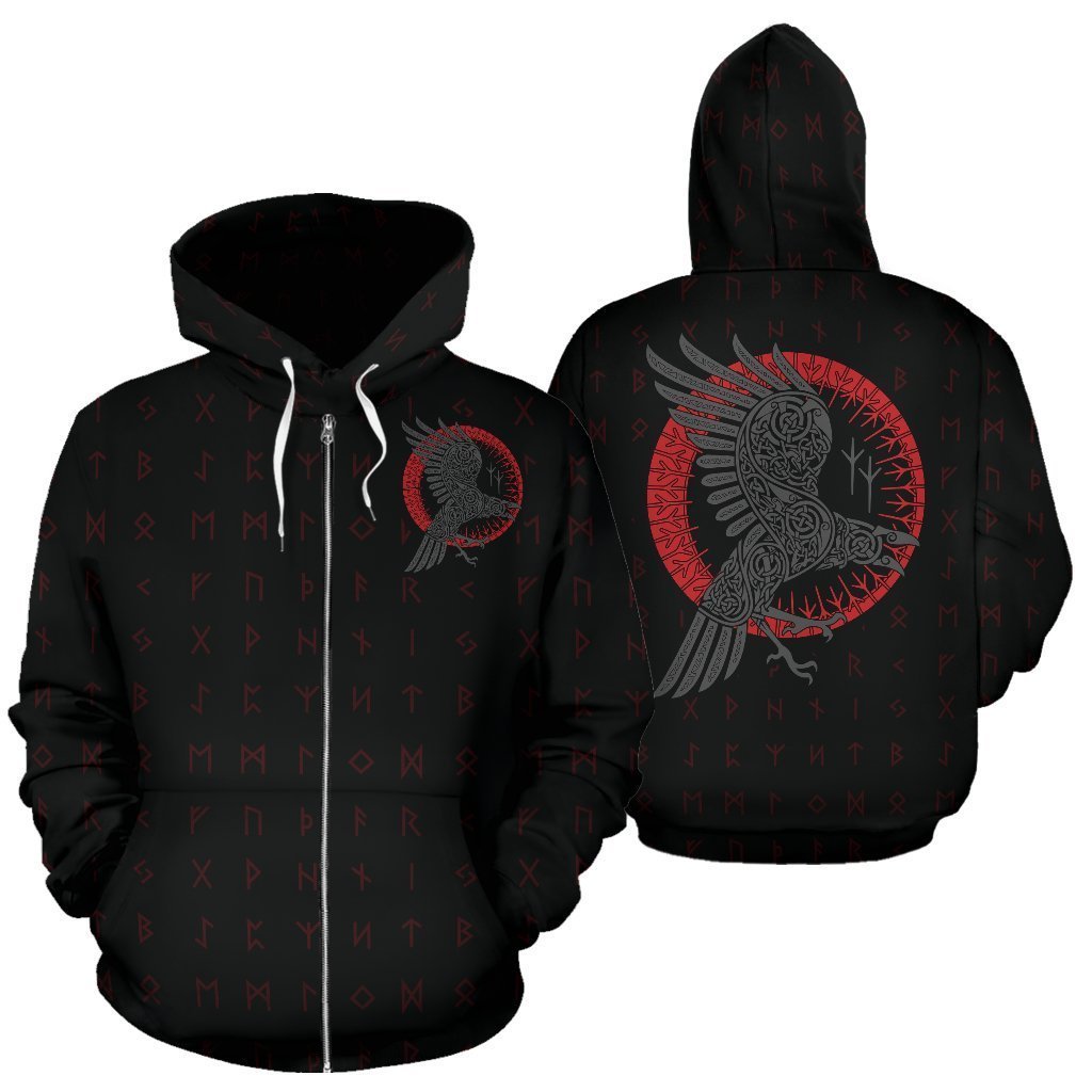 Viking Odin Raven Old Runes Style Zipper Hoodie - Amaze Style™-ALL OVER PRINT ZIP HOODIES (P)
