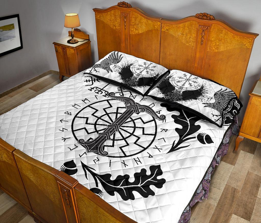 Viking Oak Leaf Quilt Bed Set Valknut Vegvisir With Irminsul - White