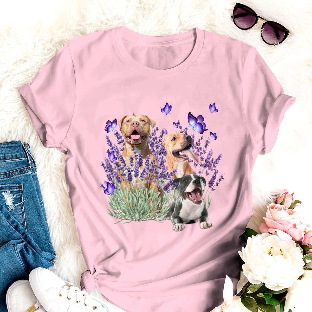 Dog T-shirt Pitbull And Flowers