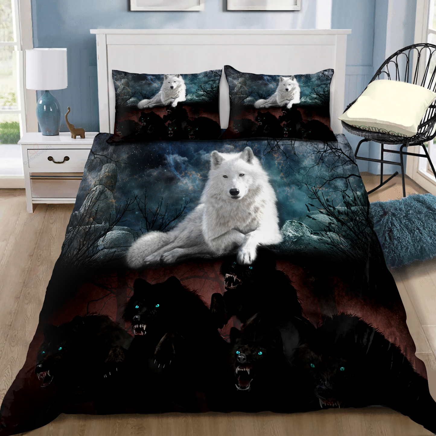 Awesome Night Black And White Wolves Bedding Set MEI