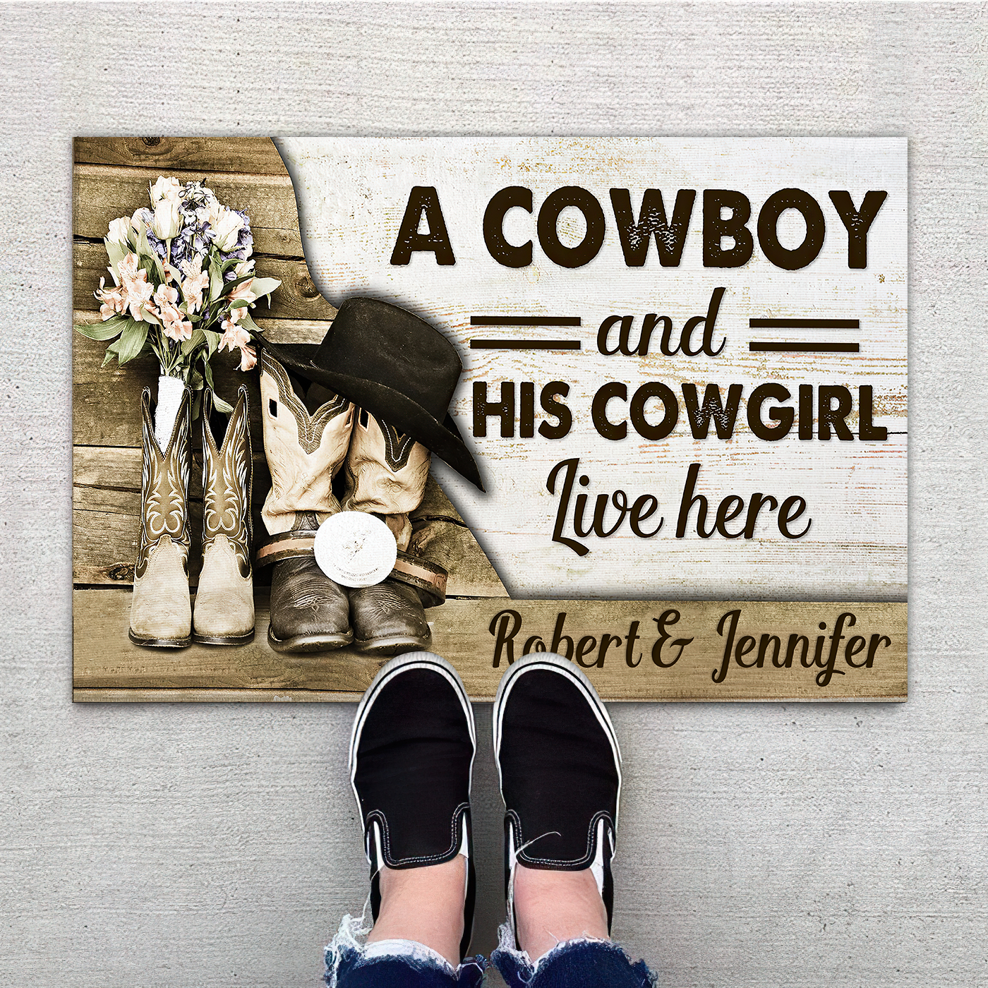 A Cowboy And His Cowgirl Live Here Personalized Doormat Welcome Mat, Best Gift For Home Decoration
