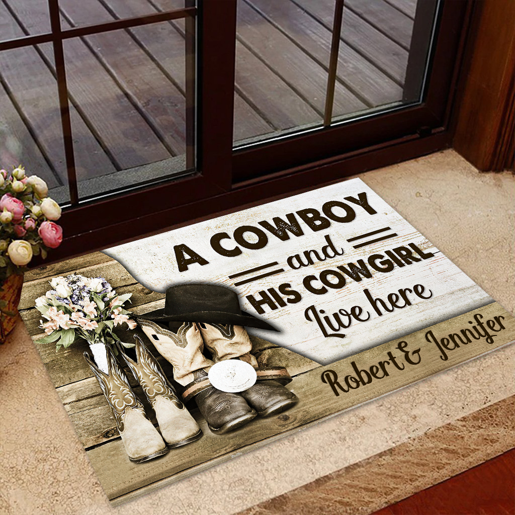 A Cowboy And His Cowgirl Live Here Personalized Doormat Welcome Mat, Best Gift For Home Decoration