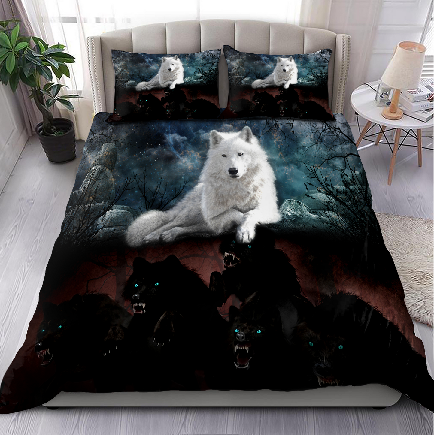 Awesome Night Black And White Wolves Bedding Set MEI
