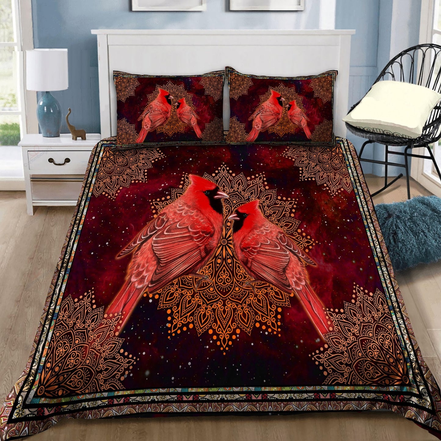Beautiful Cardinals Birds Mandala Vintage Bedding Set