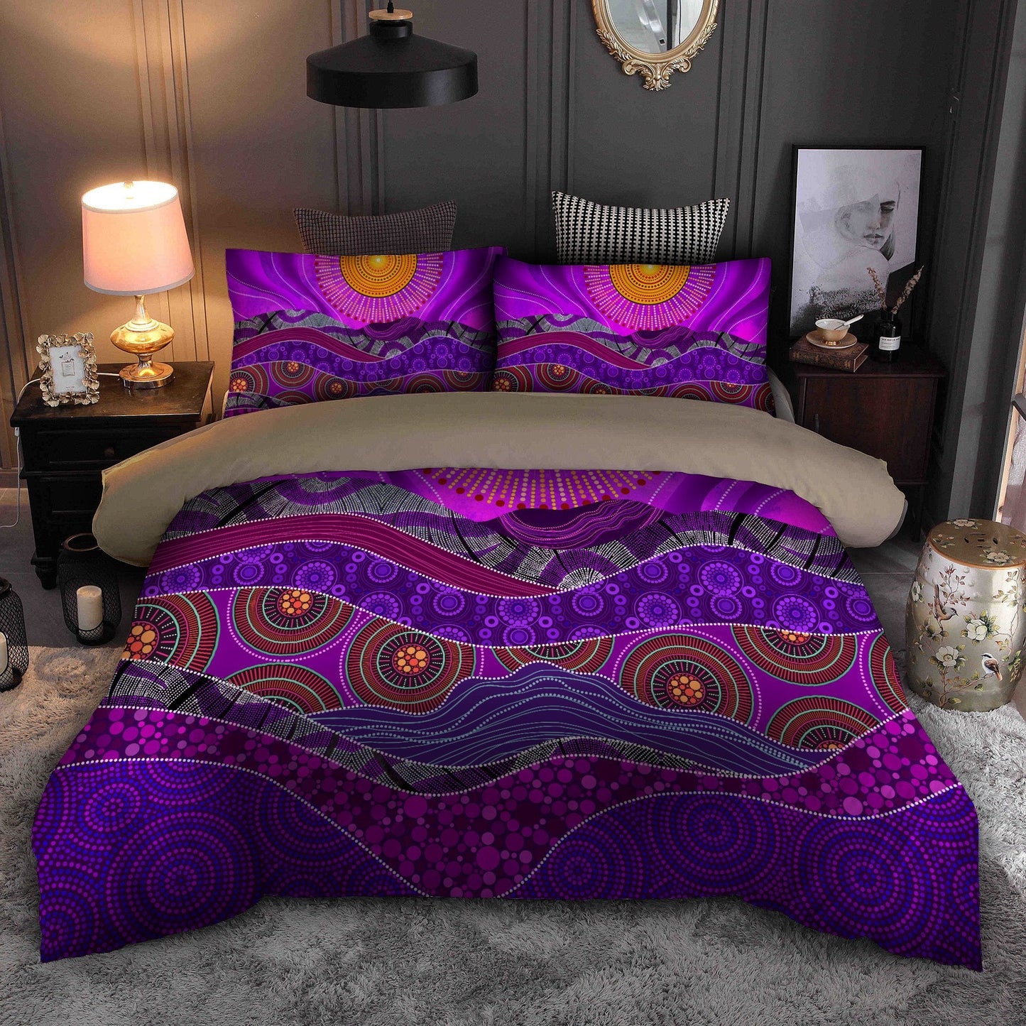 Aboriginal Bedding Set, Australia Indigenous Purple The Sun Bedding Set