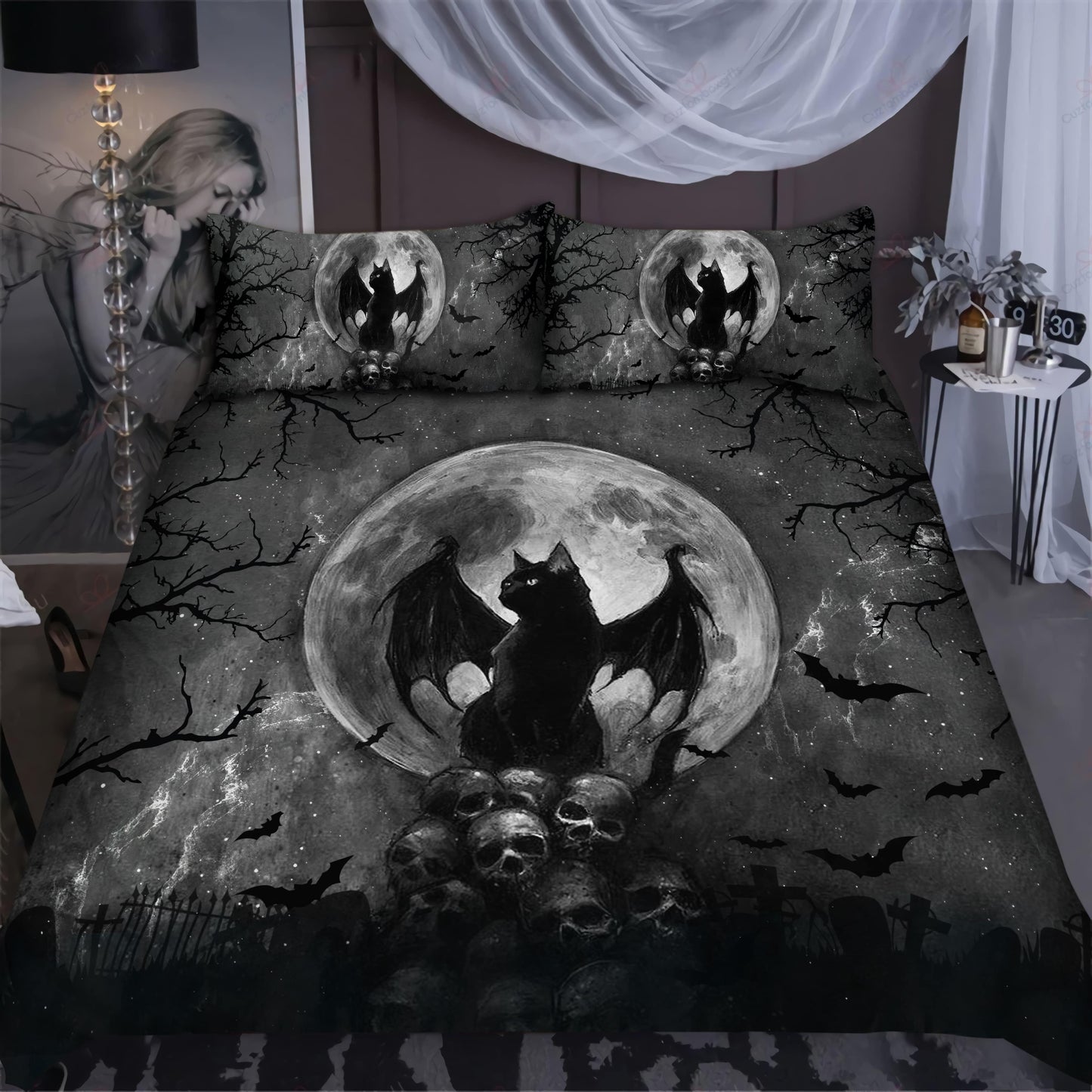 Black Cat and Skull Halloween Bedding Set