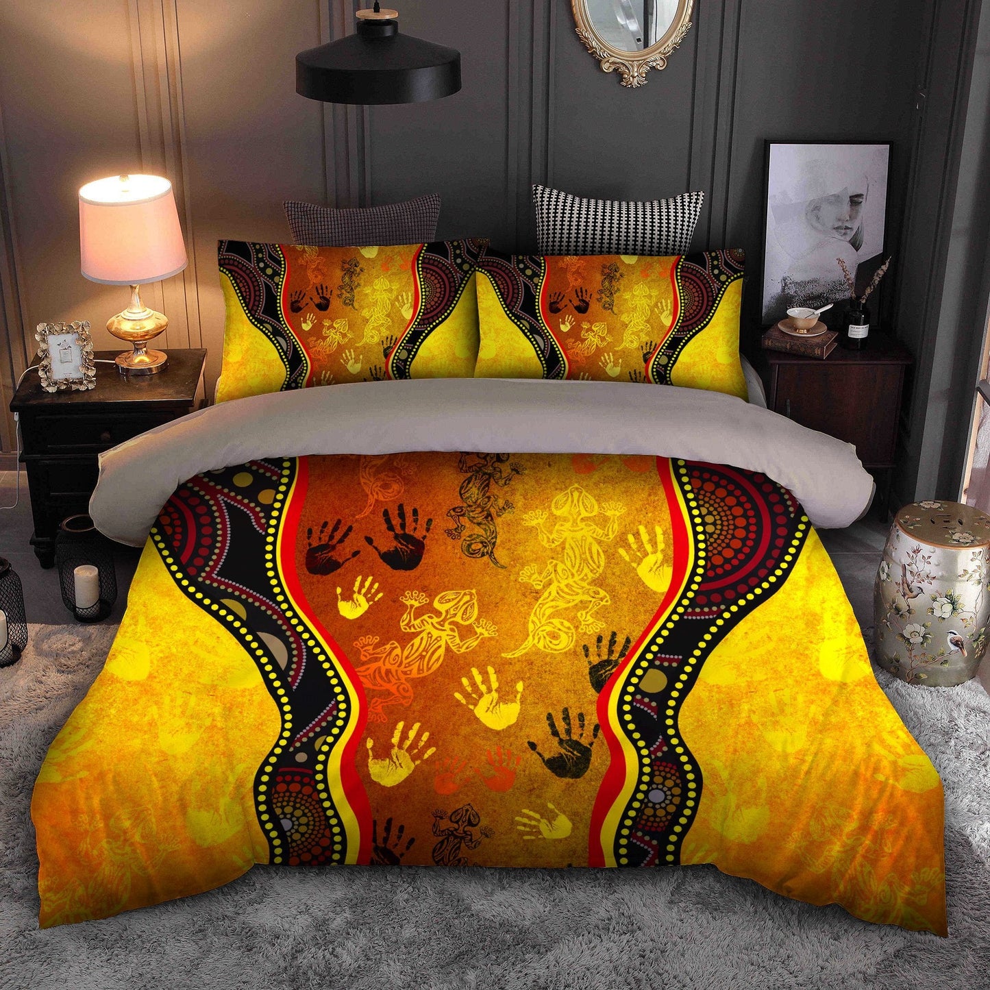 Aboriginal Bedding Set, Australia Rock Painting Hand Lizard Art Golden Style Bedding Set