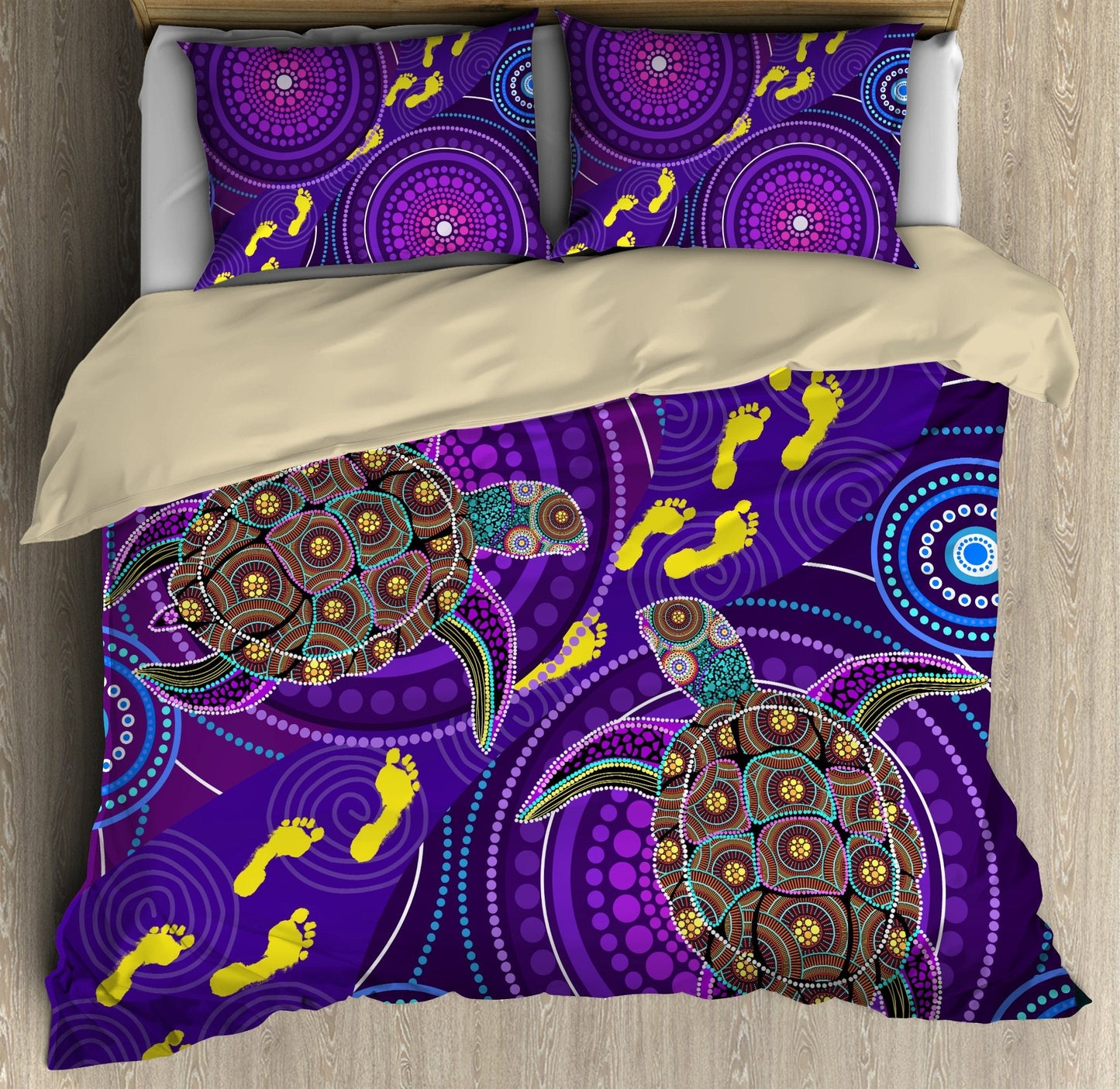 Aboriginal Purple Turtles Bedding Set, Australia Indigenous Painting Art Bedding Set