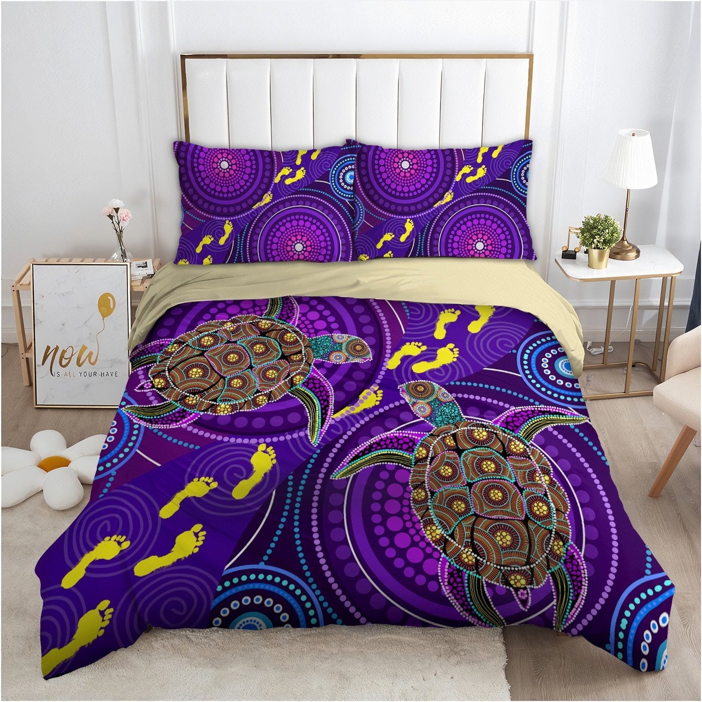 Aboriginal Purple Turtles Bedding Set, Australia Indigenous Painting Art Bedding Set