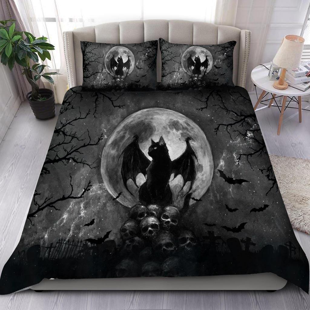 Black Cat and Skull Halloween Bedding Set