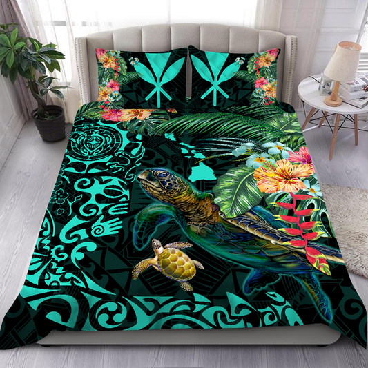 Turtles Kanaka Maoli Polynesian Plumeria Banana Leaves Hawaiian Bedding Set JJ23062021
