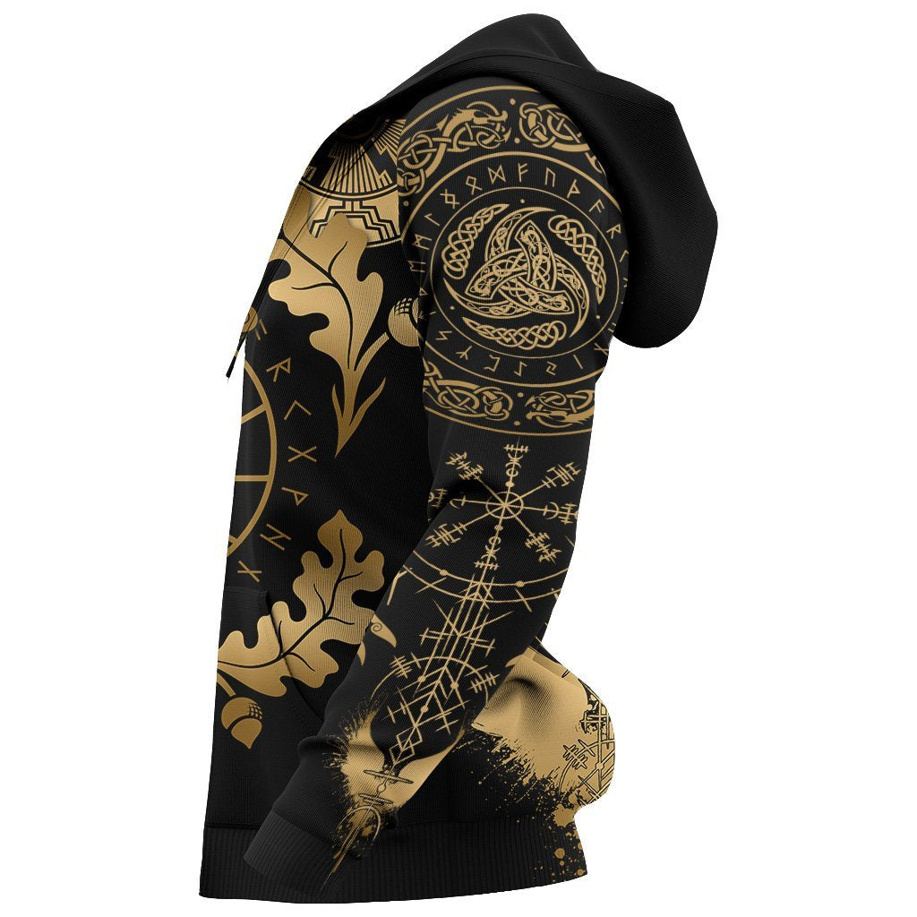 Viking Oak Leaf Valknut Vegvisir With Irminsul - Gold