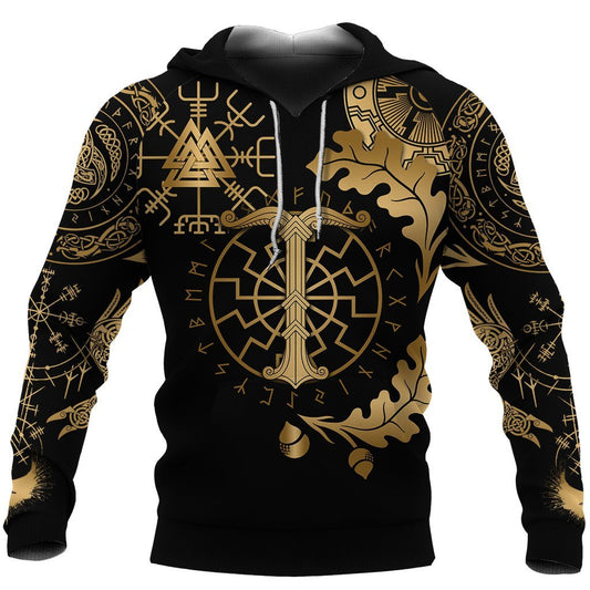 Viking Oak Leaf Valknut Vegvisir With Irminsul - Gold