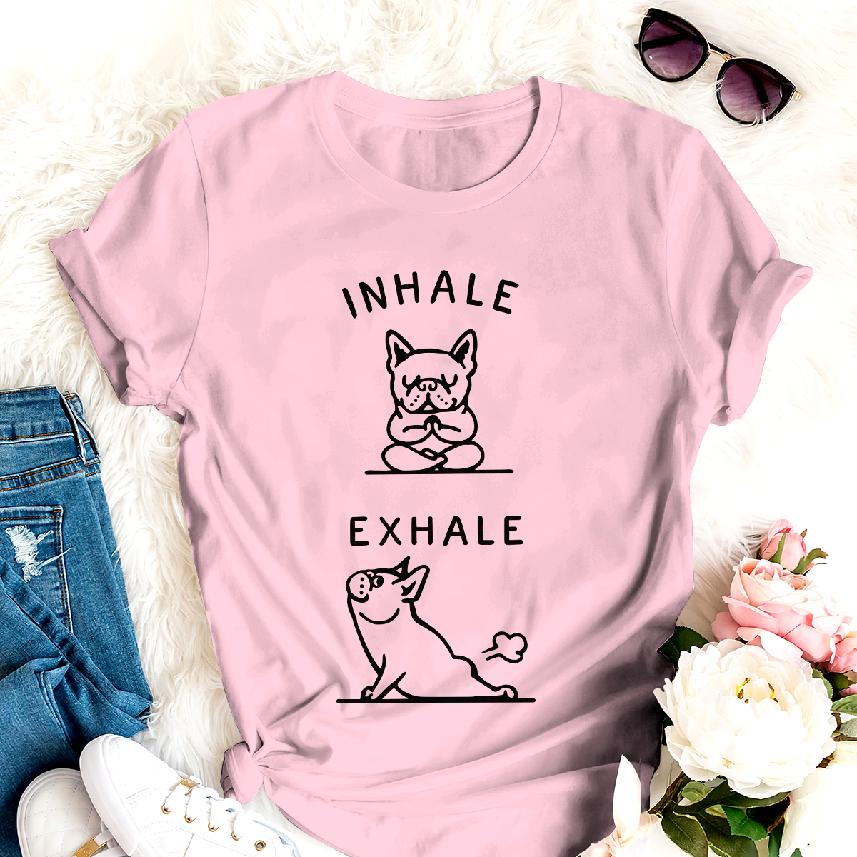 Dog T-shirt Bulldog Yoga Inhale Exhale