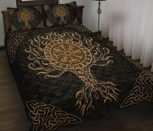 Viking Quilt Bed Set - Vegvisir Tree Of Life - Gold